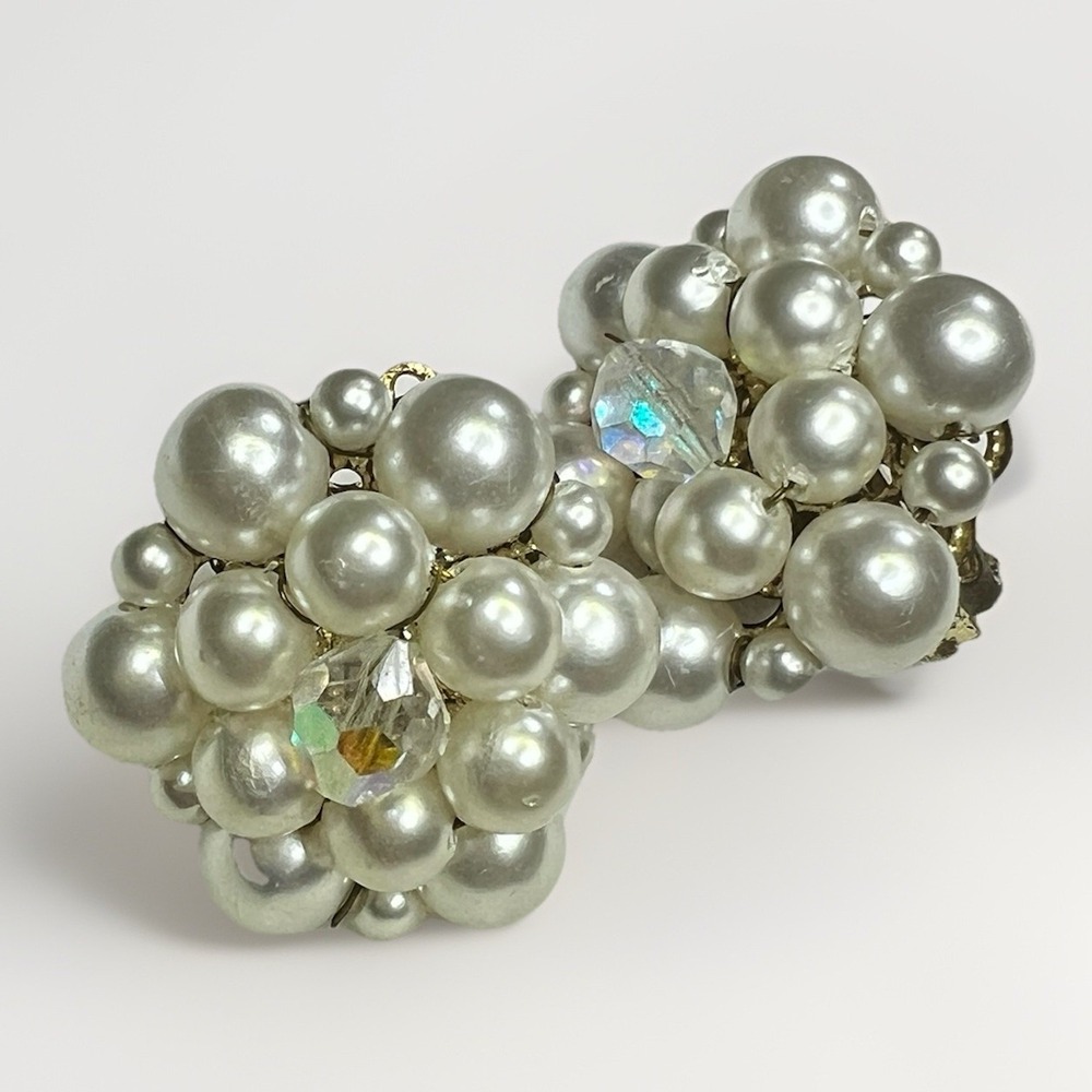 Vtg Wedding Earrings Faux Pearl Cluster Clip On Beaded Statement Japan Dressy